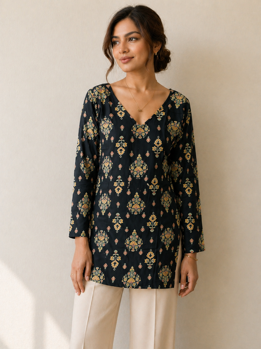 Long Sleeve Black Printed Kurti Tunic