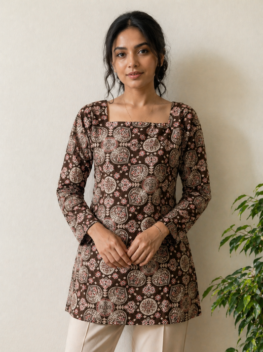 Brown Printed Full Sleeve Square Neck Tunic
