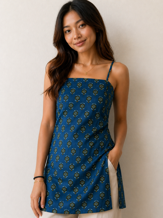 Teal Blue Printed Sleeveless Tunic for Women