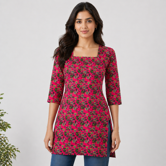 Pure Cotton Floral Short Kurti | Square Neck Three-Quarter Sleeve