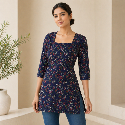 Olive Floral Square Neck Short Kurti with Crisscross Back