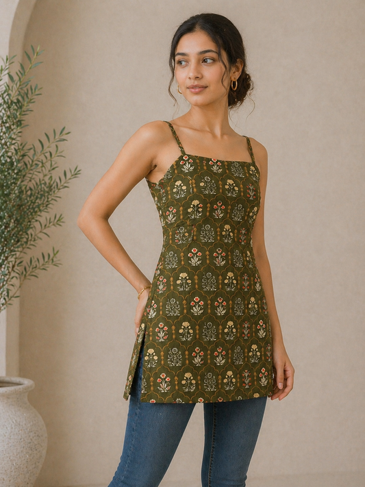 Olive Green Floral Cotton Tunic with Lace-Up Corset Back