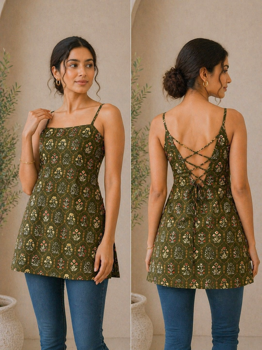 Olive Green Floral Cotton Tunic with Lace-Up Corset Back