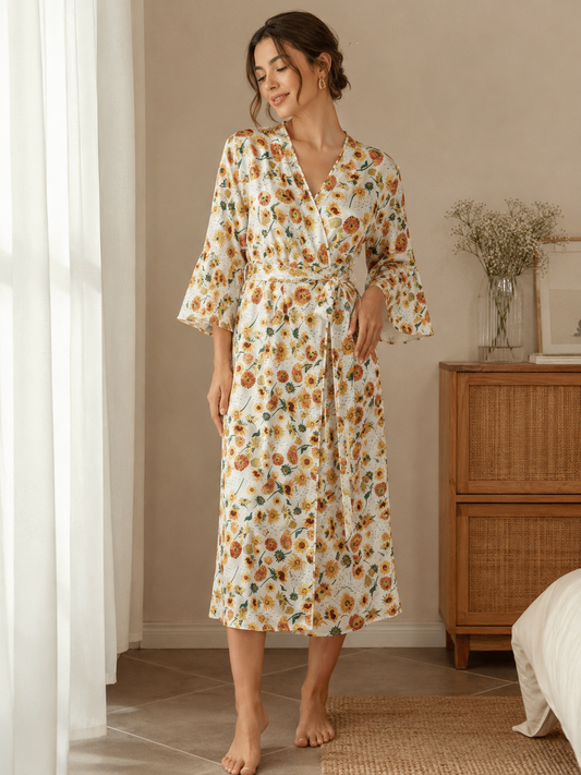 Women'S Elegant Floral Print Satin Robe