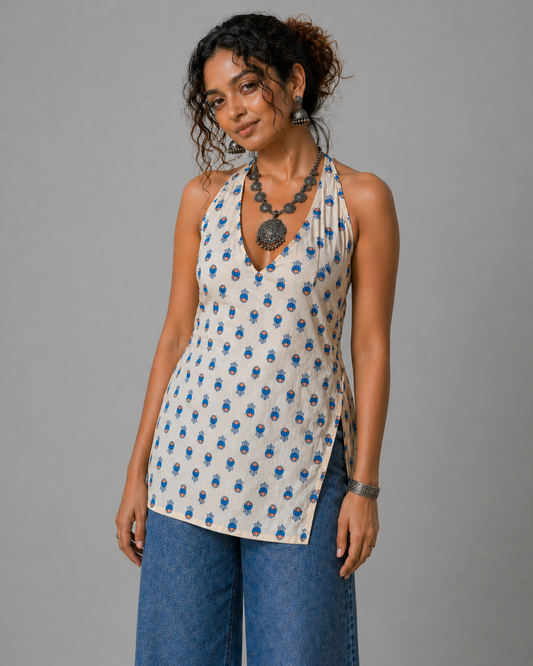 Off white Printed Halter Neck Tunic Top