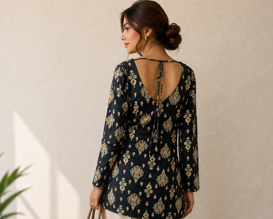 Long Sleeve Black Printed Kurti Tunic
