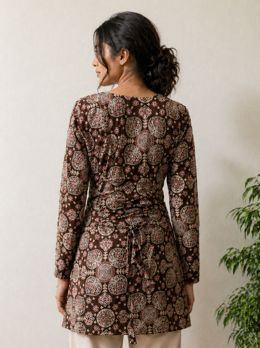 Brown Printed Full Sleeve Square Neck Tunic