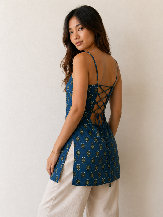 Teal Blue Printed Sleeveless Tunic for Women
