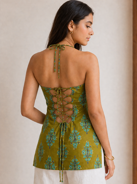Olive Green Printed Halter Neck Tunic for Women