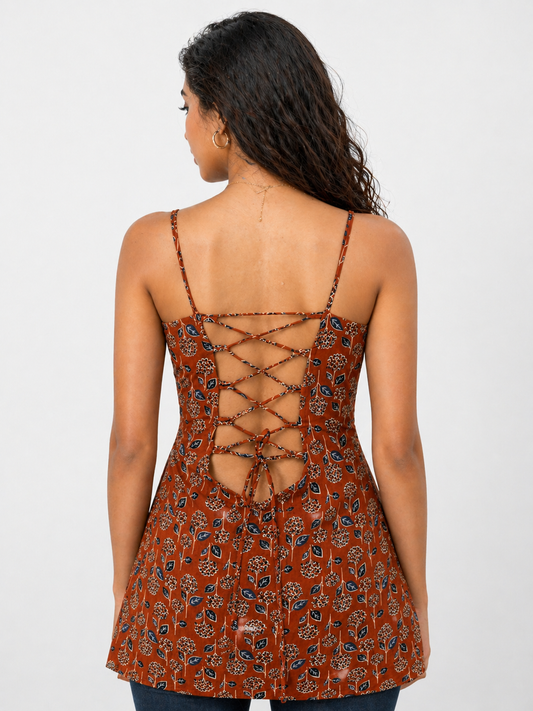 Rust Floral Strappy Tunic Top