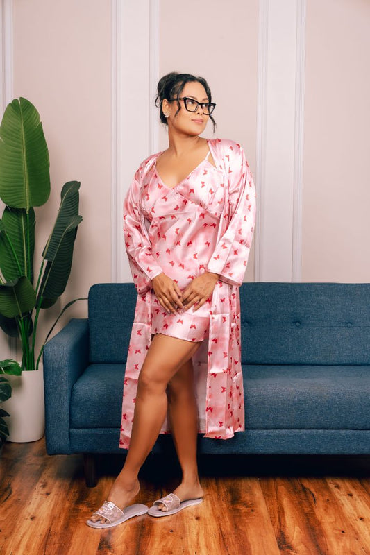 Pink Butterfly Print Satin Robe & Nightdress Set for Women