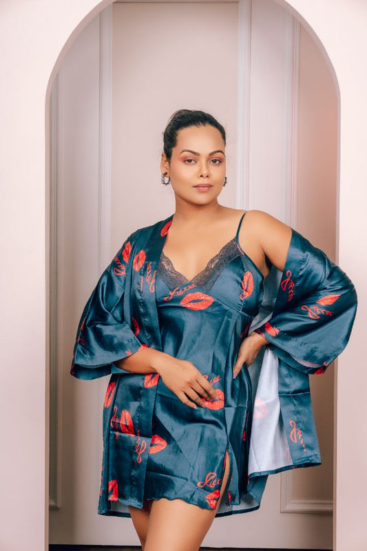 Red Letter and Lip Print Satin Robe Set
