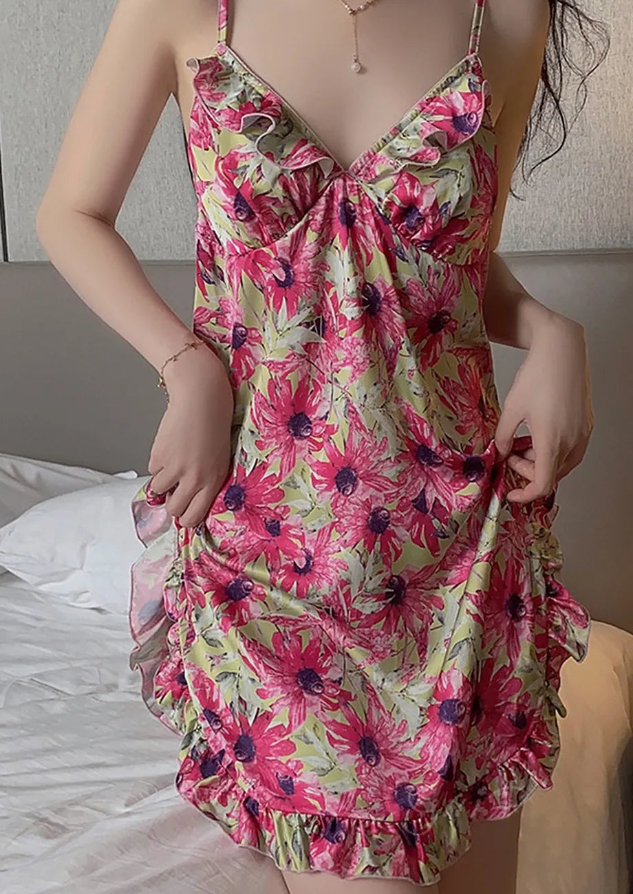 Ruffle-trim Floral Red Sleep dress