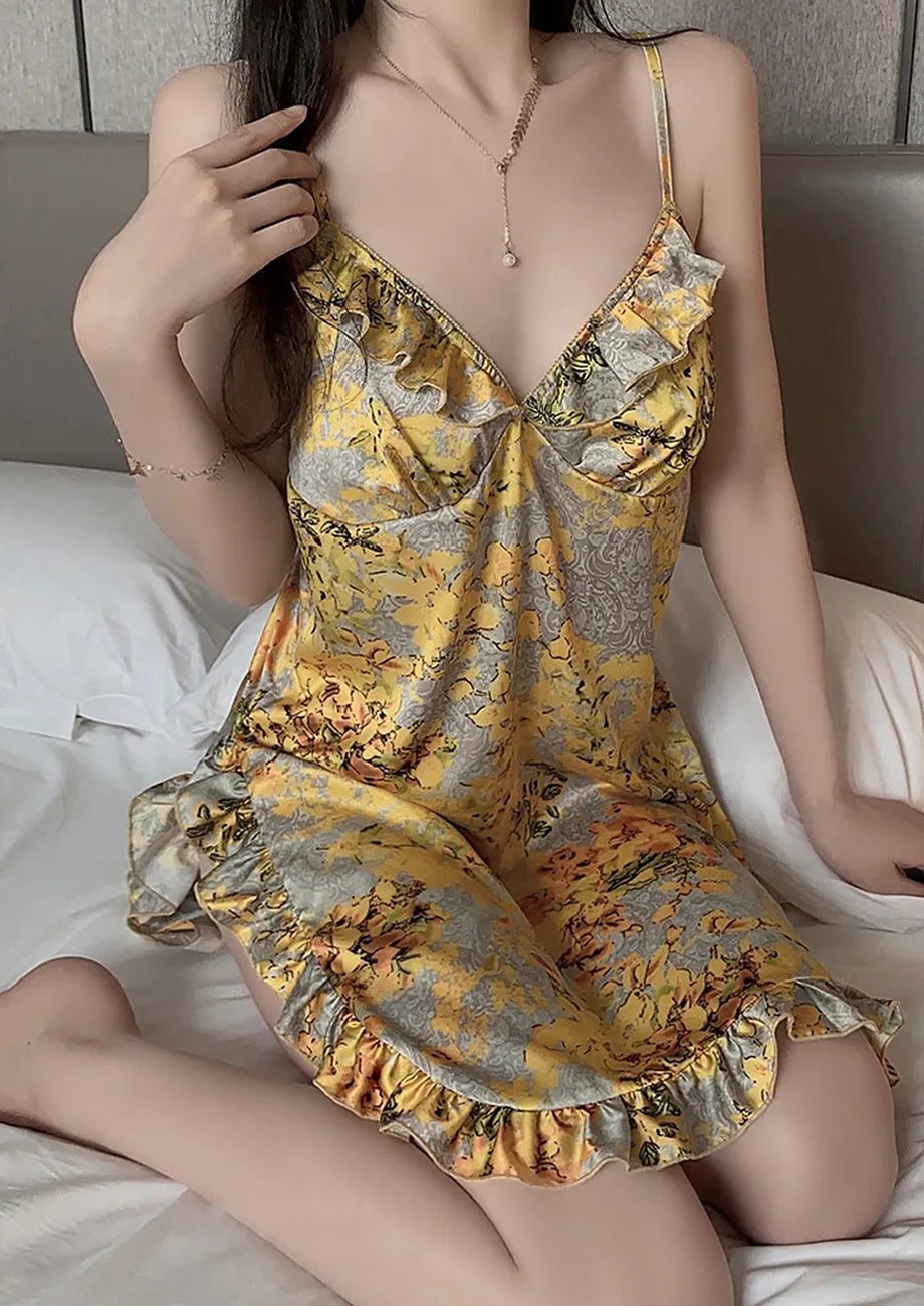 Ruffle-trim Yellow Floral Sleep dress