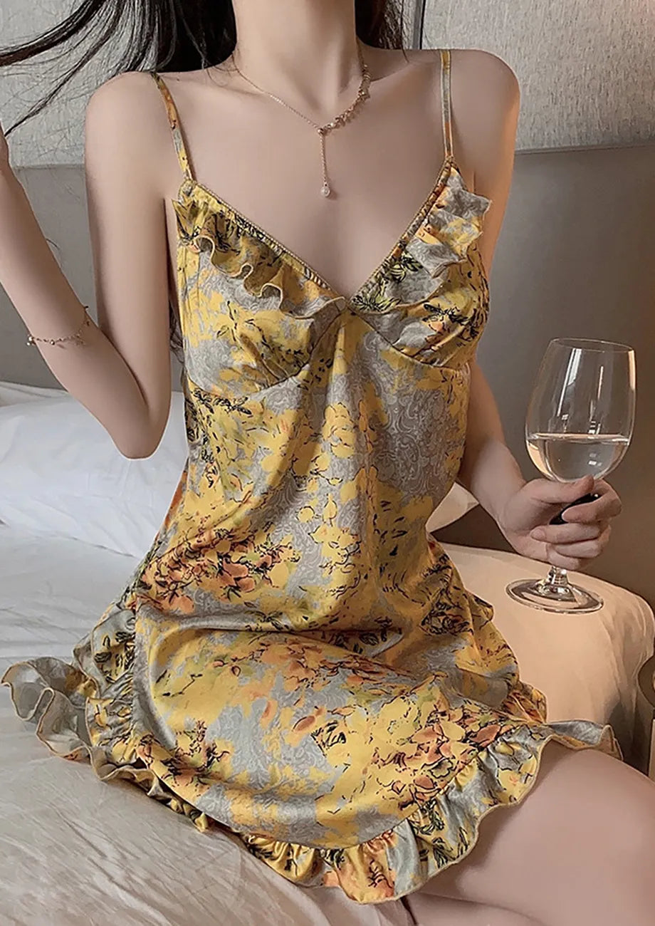 Ruffle-trim Yellow Floral Sleep dress