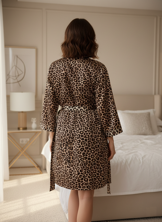Women's Luxurious Leopard Print Slip Night Robe with Deep V neck Dress