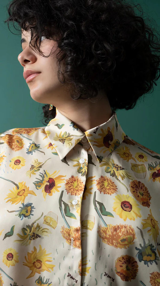 Golden Bloom Women Sunflower Satin Shirt