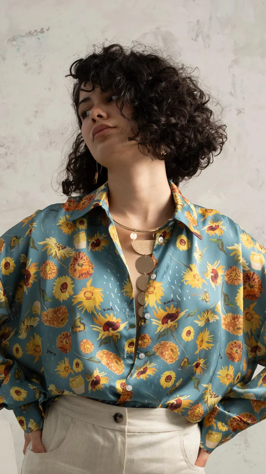 Golden Hue on Blue Sunflower Silk Touch Shirt