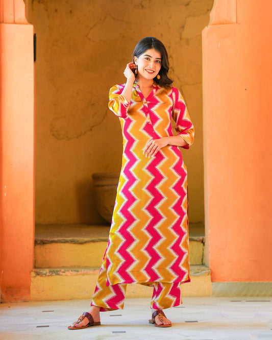 Pink And Mustard Zigzag Kurta Set (Muslin)