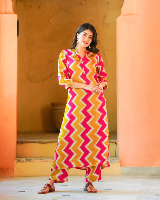 Pink And Mustard Zigzag Kurta Set (Muslin)