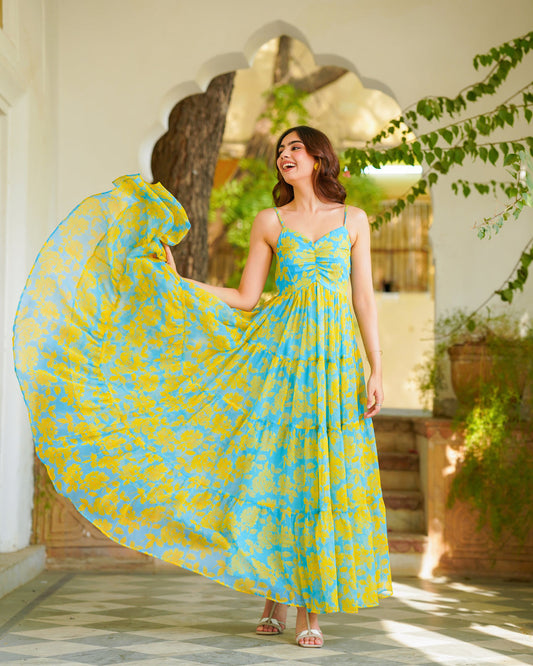 Teal Blue Foliage & Tiered Dress (Chiffon)