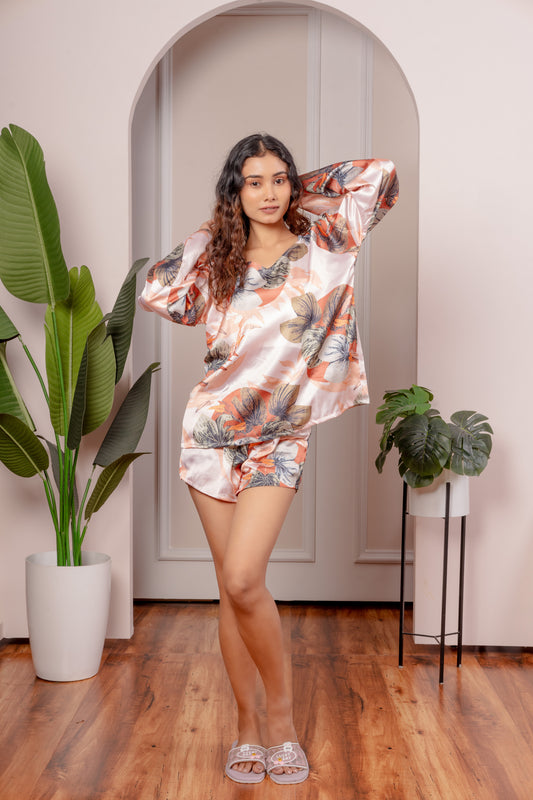 Floral Print Satin 3-Piece Nightwear Set for Women – Top, Shorts & Long Pants