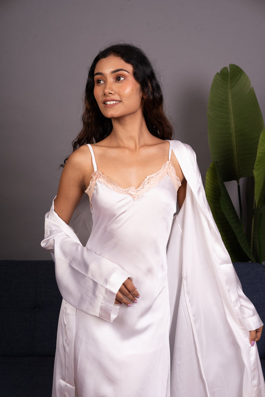 White Satin Robe Set for Women with Lace Detail