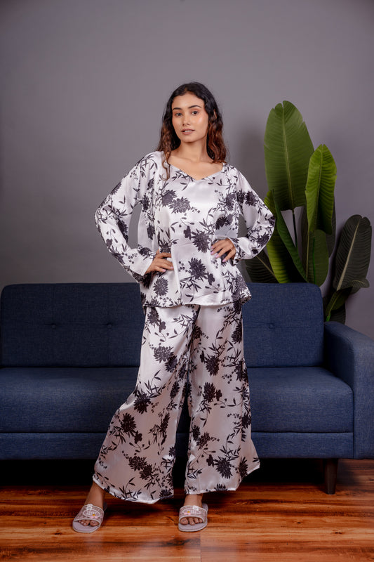 White Floral Print Satin 3-Piece Nightwear Set for Women – Top, Shorts & Long Pants