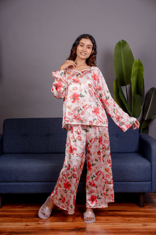 Floral Print Satin 3-Piece Nightwear Set for Women – Top, Shorts & Long Pants