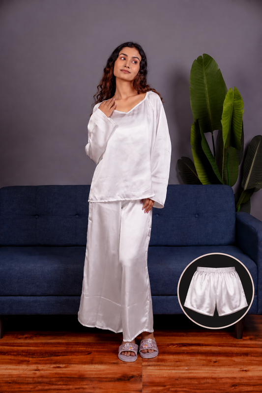 Solid Satin 3-Piece Nightwear Set for Women – Top, Shorts & Long Pants