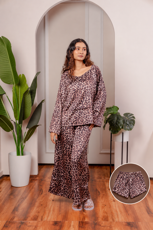 Leopard Print Satin 3-Piece Nightwear Set for Women – Top, Shorts & Long Pants