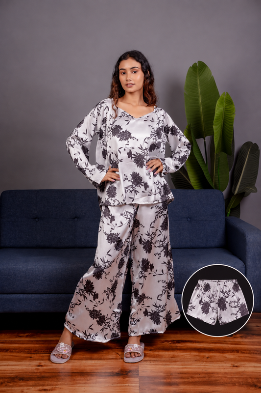 White Floral Print Satin 3-Piece Nightwear Set for Women – Top, Shorts & Long Pants