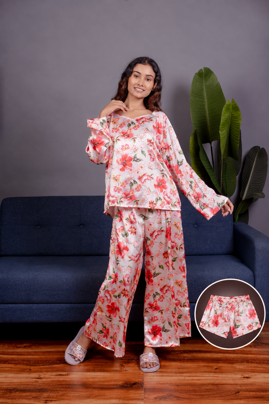 Floral Print Satin 3-Piece Nightwear Set for Women – Top, Shorts & Long Pants