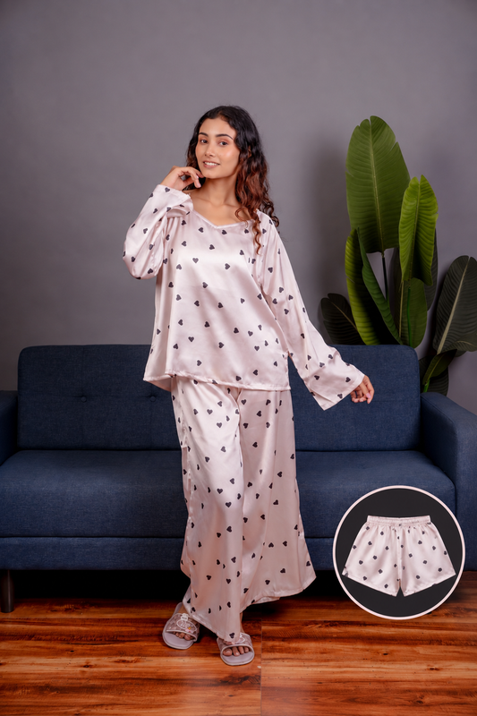 Heart Print Satin 3-Piece Nightwear Set for Women – Top, Shorts & Long Pants