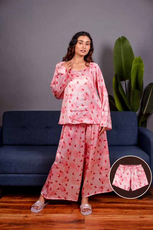 Pink Butterfly Print Satin 3-Piece Nightwear Set for Women – Top, Shorts & Long Pants