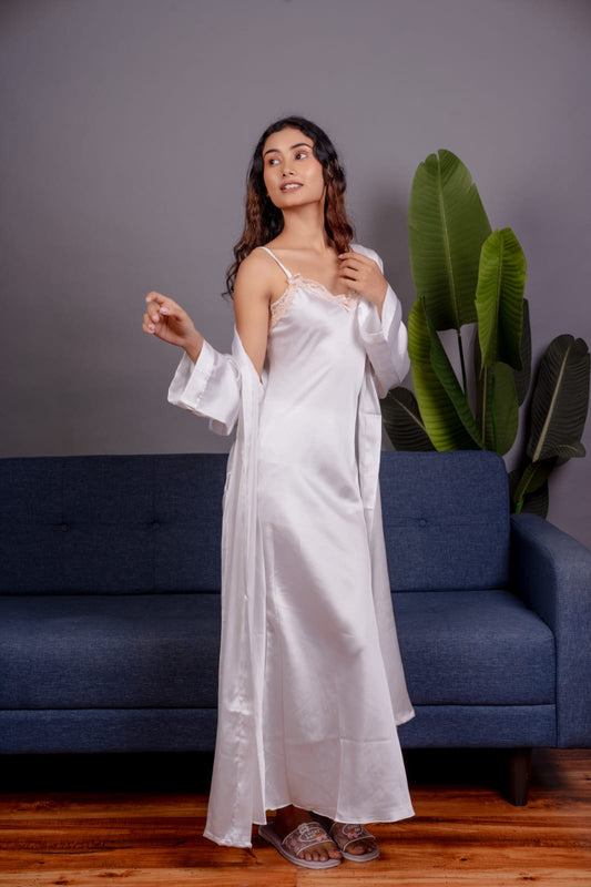 White Satin Robe Set for Women with Lace Detail