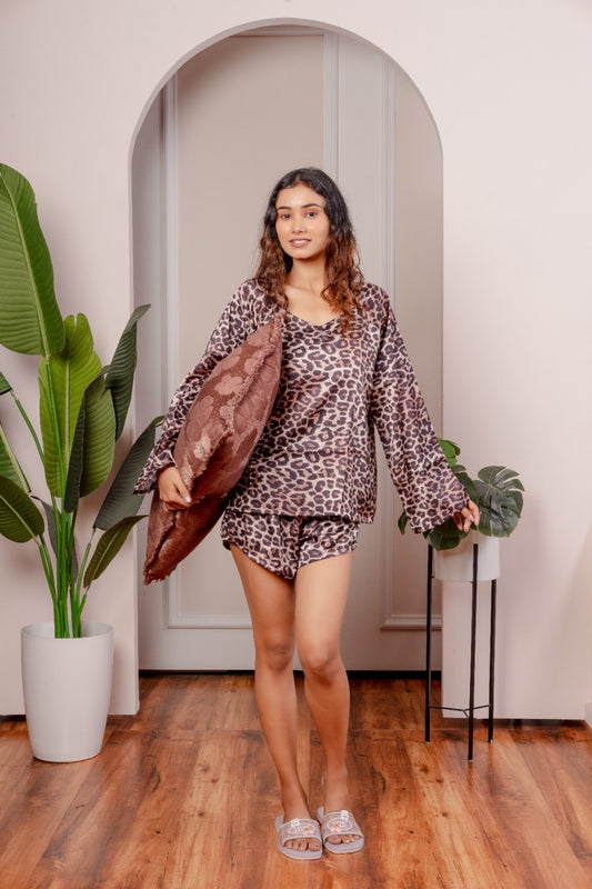 Leopard Print Satin 3-Piece Nightwear Set for Women – Top, Shorts & Long Pants