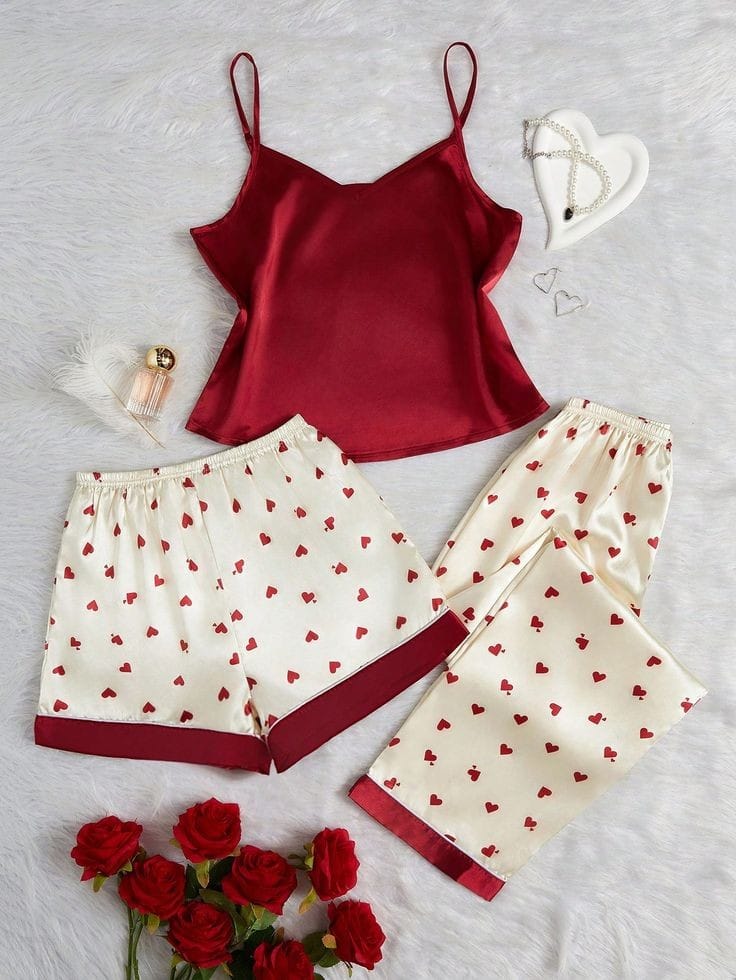 Women's Heart Print Satin Elegant Pajama Set, V Neck Backless Cami Top & Pants sleep dress