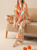 Orange Print Pajama Set, Long Sleeve Lapel Top & Elastic Waistband Pants