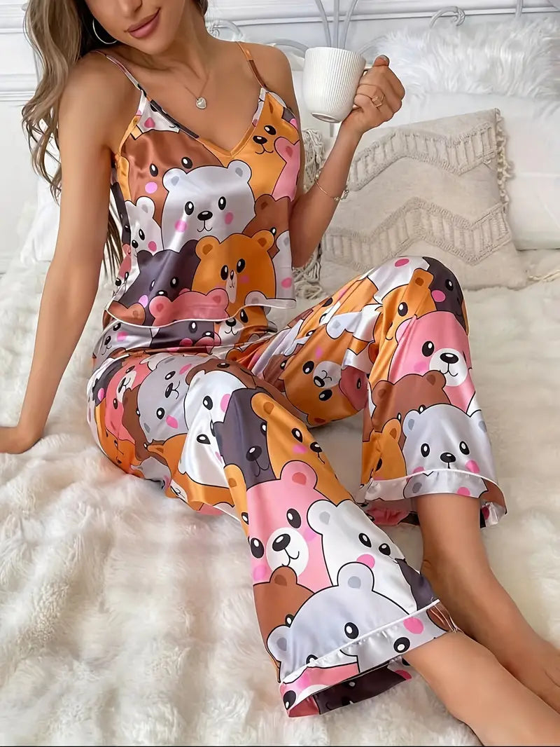 Cute Cartoon Print Women's Satin Pajama Set