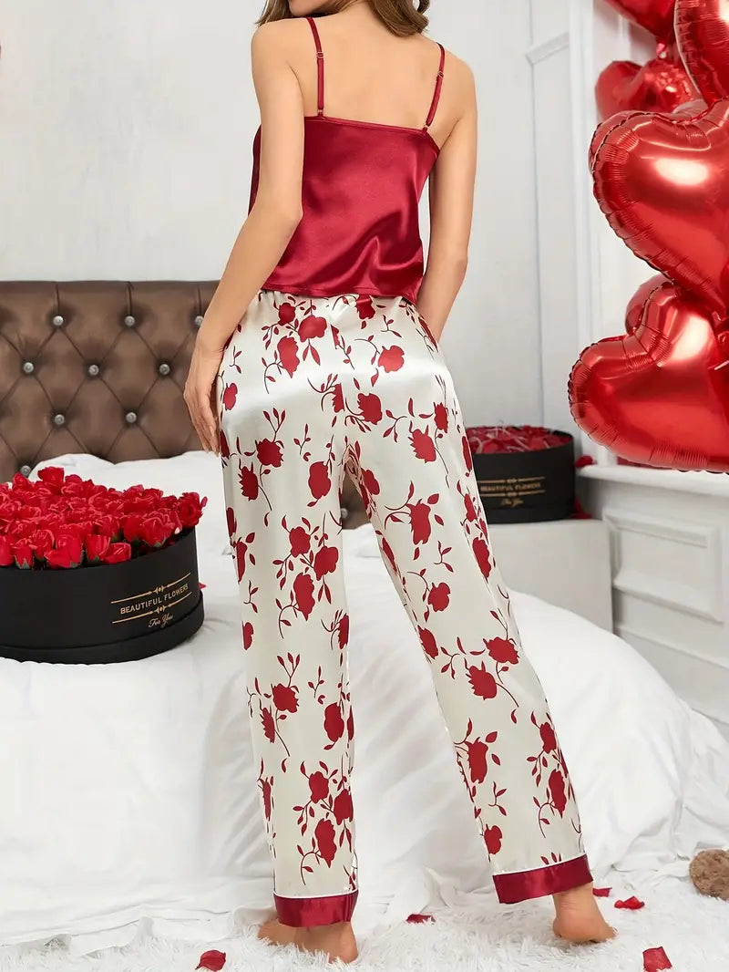 Women's Floral Print Satin Elegant Pajama Set, V Neck Backless Cami Top & Pants sleep dress