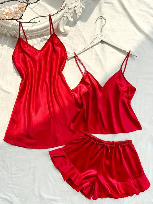 V Neck one piece with Cami Top & Shorts Sleep dress, pajama set 3 pcs