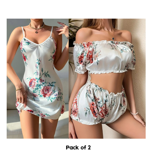 white  Floral satin pajama set/ sleep dress set