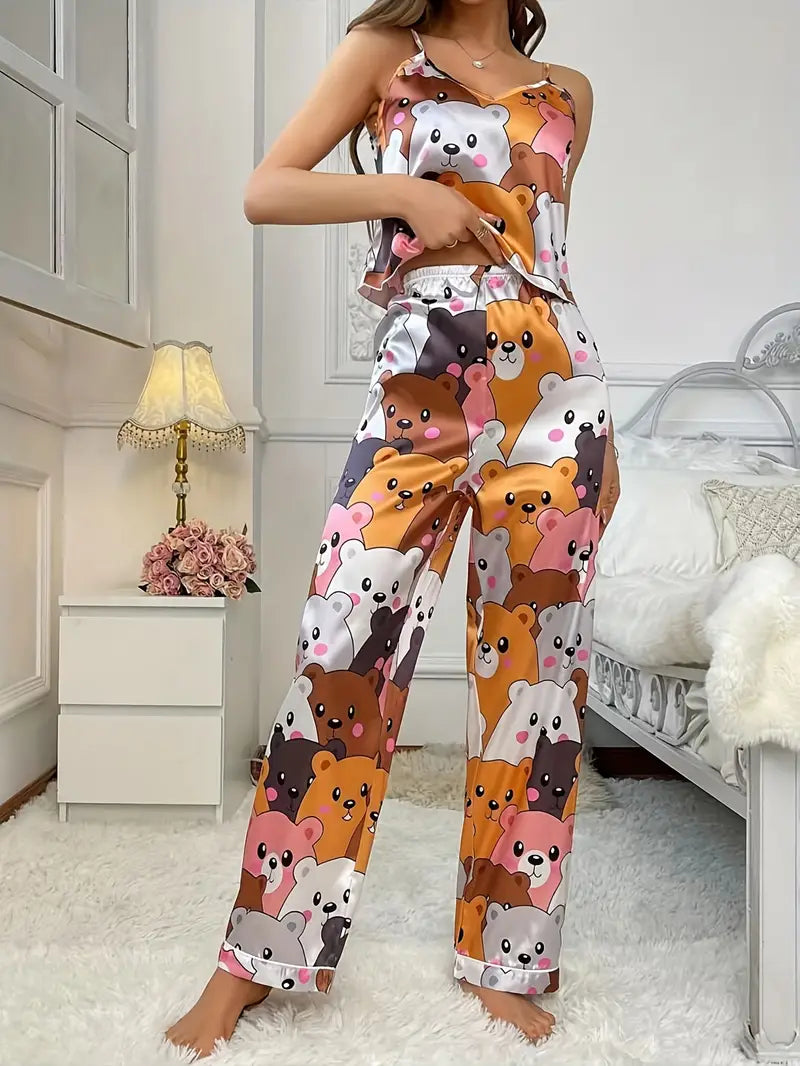 Cute Cartoon Print Women's Satin Pajama Set