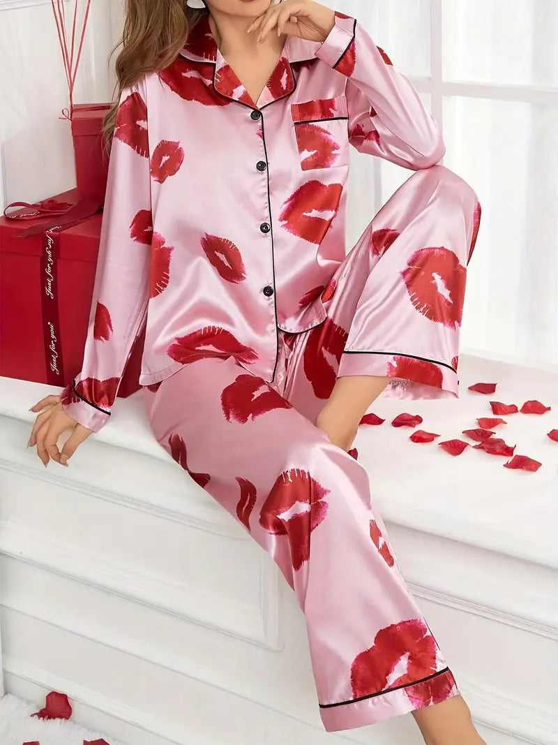 Lip Print Satin Cami Top Shorts Pajama Set - Main Image