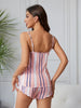 Stripe Print Frill Trim Pajama Set, Casual V Neck Backless Cami Top & Elastic Shorts