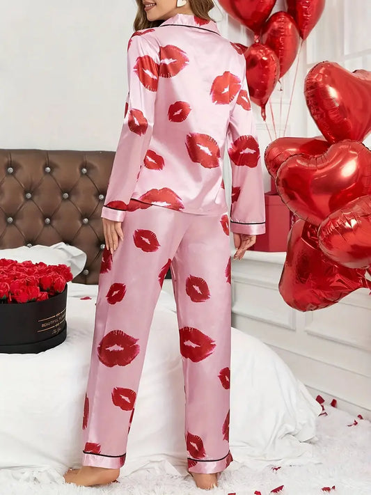 Lip Print Satin Cami Top & Shorts Pajama Set