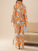 Orange Print Pajama Set, Long Sleeve Lapel Top & Elastic Waistband Pants