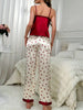 Women's Heart Print Satin Elegant Pajama Set, V Neck Backless Cami Top & Pants sleep dress