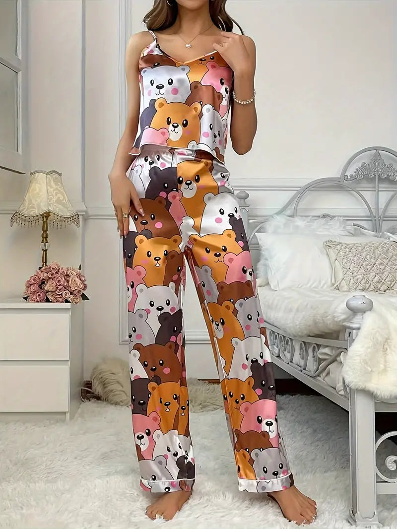 Cute Cartoon Print Women's Satin Pajama Set